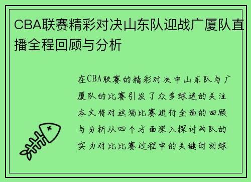 CBA联赛精彩对决山东队迎战广厦队直播全程回顾与分析
